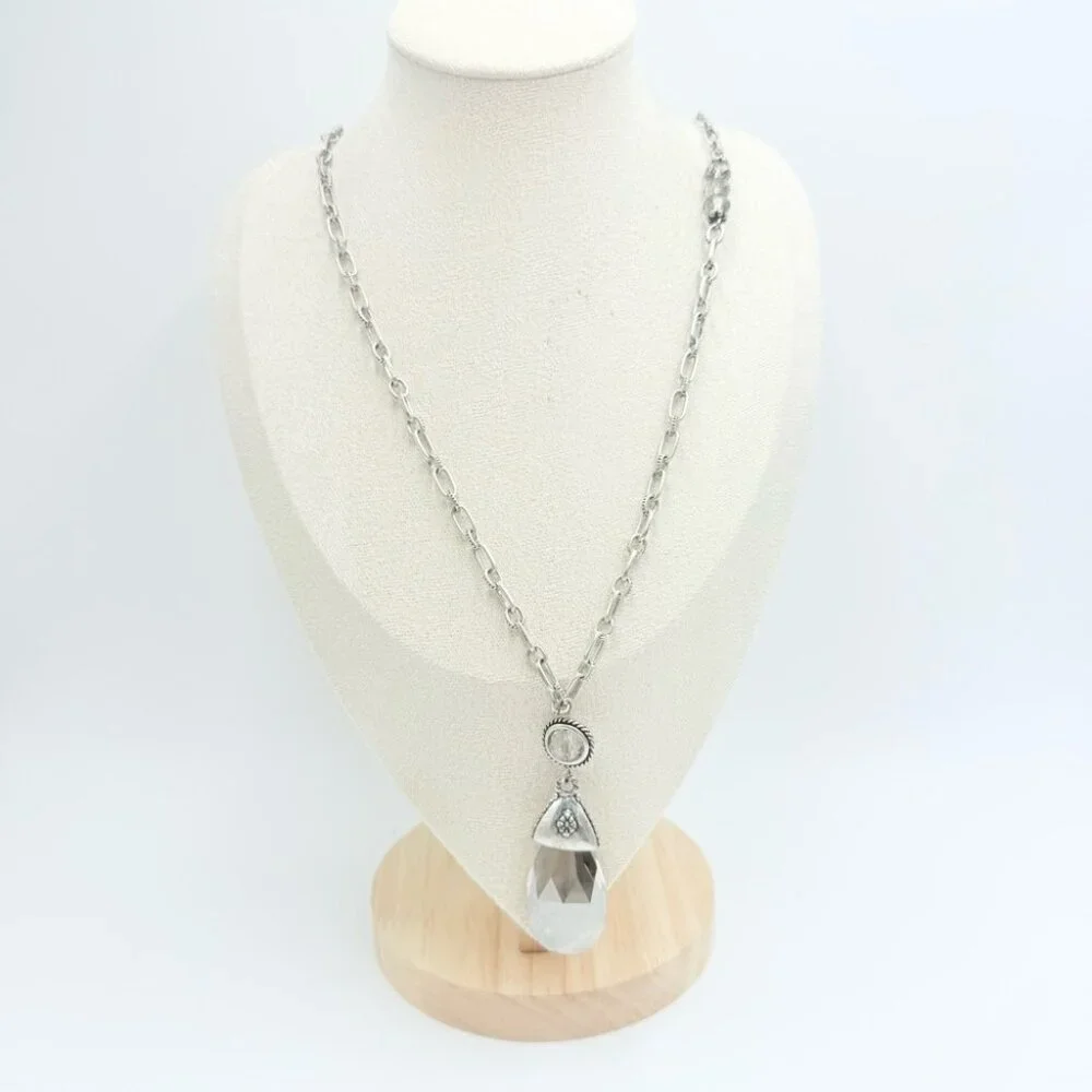 Chico’s Silver Tone Teardrop and Smoky Crystal Rhinestones Necklace